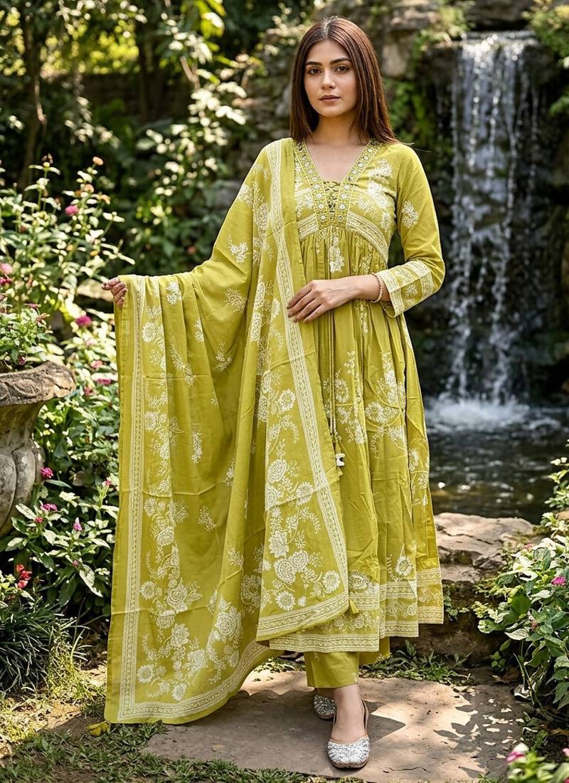 Beautiful jaipuri an anarkali neon mehandi green kurti set of mul cotton.