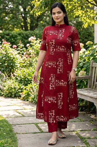 Beautiful jaipuri off-red a-line  with a teal and light green floral block print kurta with wide leg palazzos.