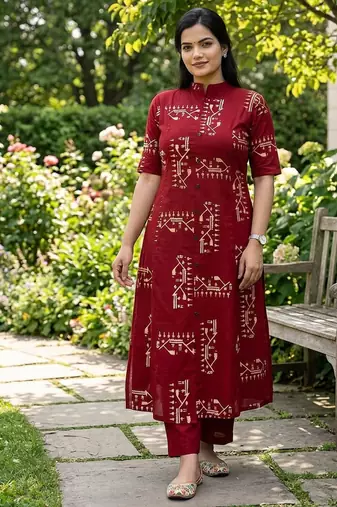 Beautiful jaipuri off-red a-line  with a teal and light green floral block print kurta with wide leg palazzos.