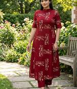 Beautiful jaipuri off-red a-line  with a teal and light green floral block print kurta with wide leg palazzos.