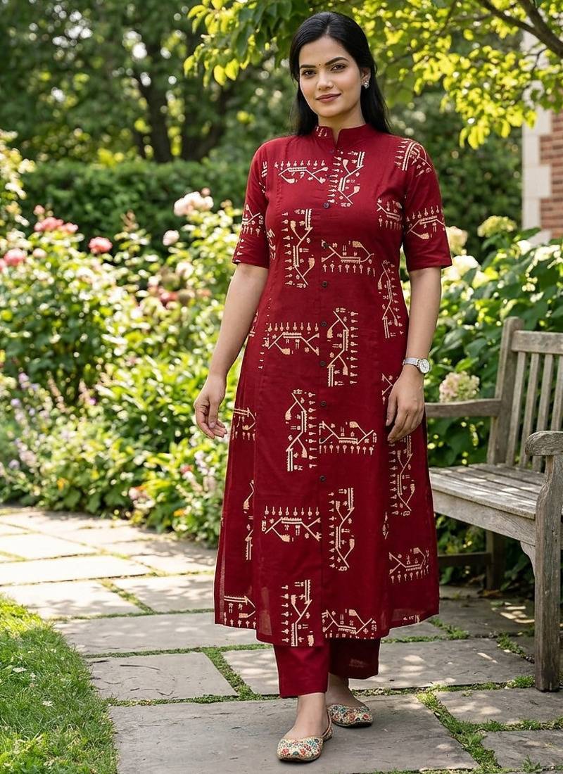 Beautiful jaipuri off-red a-line  with a teal and light green floral block print kurta with wide leg palazzos.