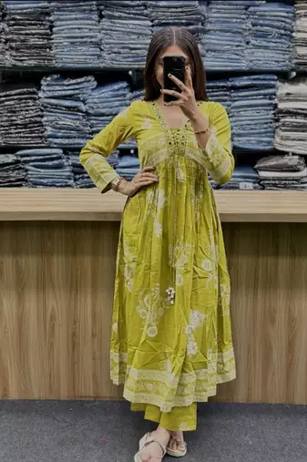 Beautiful jaipuri an anarkali neon mehandi green kurti set of mul cotton.
