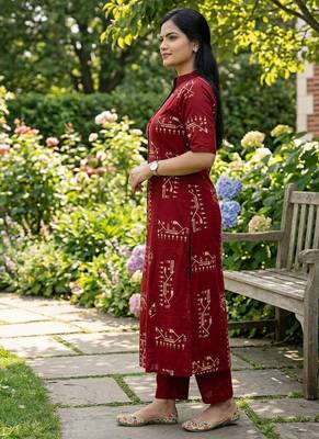 Beautiful jaipuri off-red a-line  with a teal and light green floral block print kurta with wide leg palazzos. 2