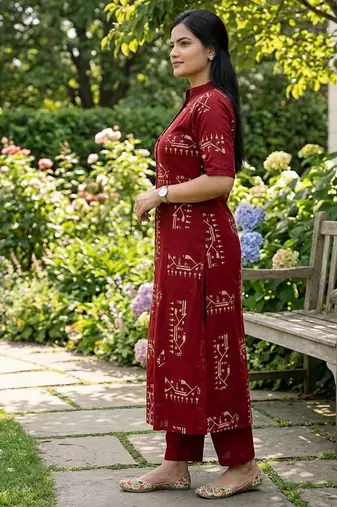 Beautiful jaipuri off-red a-line  with a teal and light green floral block print kurta with wide leg palazzos.