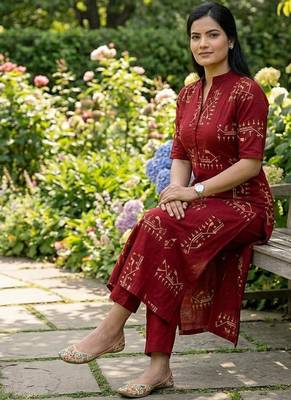 Beautiful jaipuri off-red a-line  with a teal and light green floral block print kurta with wide leg palazzos. 3