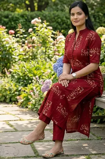Beautiful jaipuri off-red a-line  with a teal and light green floral block print kurta with wide leg palazzos.