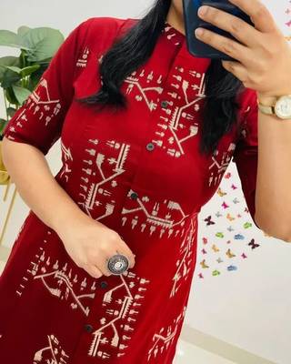 Beautiful jaipuri off-red a-line  with a teal and light green floral block print kurta with wide leg palazzos. 4