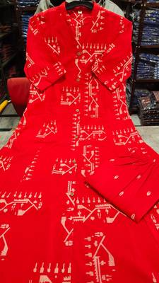 Beautiful jaipuri off-red a-line  with a teal and light green floral block print kurta with wide leg palazzos. 5