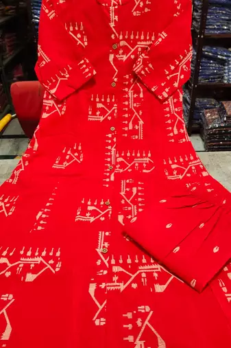 Beautiful jaipuri off-red a-line  with a teal and light green floral block print kurta with wide leg palazzos.