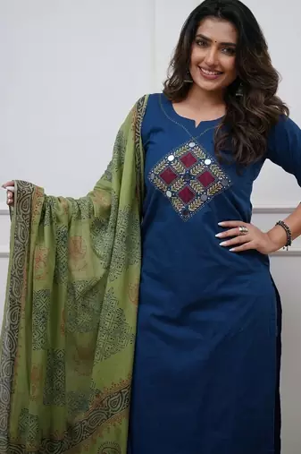 Beautiful jaipuri blue straight embroidered kurta set with pants and a dupatta.
