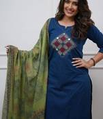 Beautiful jaipuri blue straight embroidered kurta set with pants and a dupatta.