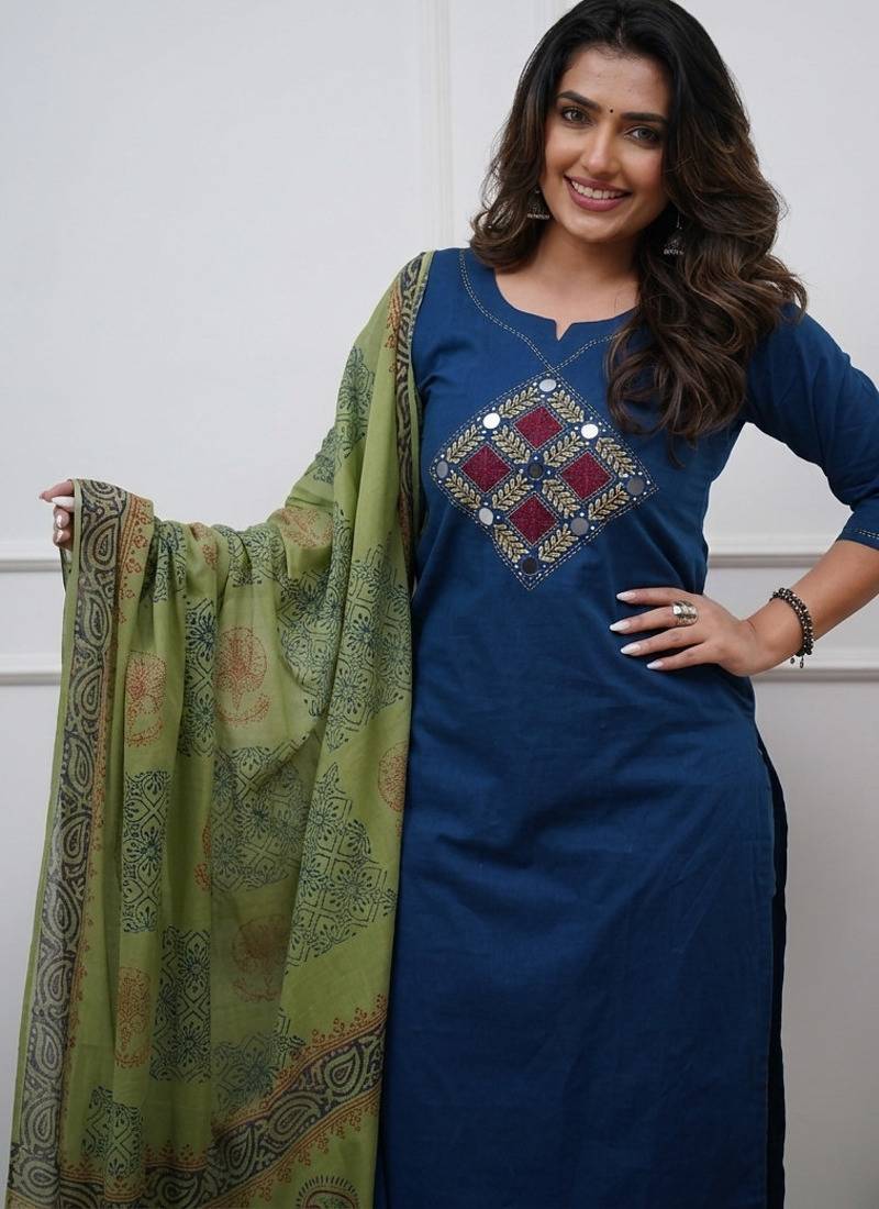 Beautiful jaipuri blue straight embroidered kurta set with pants and a dupatta.