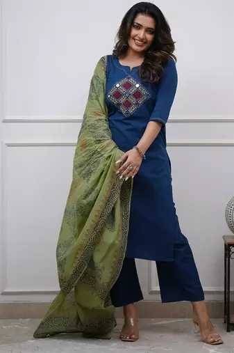Beautiful jaipuri blue straight embroidered kurta set with pants and a dupatta.