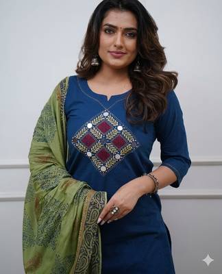 Beautiful jaipuri blue straight embroidered kurta set with pants and a dupatta. 3