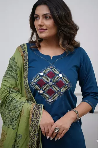 Beautiful jaipuri blue straight embroidered kurta set with pants and a dupatta.
