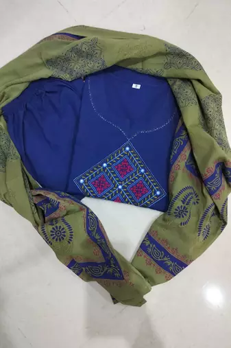 Beautiful jaipuri blue straight embroidered kurta set with pants and a dupatta.