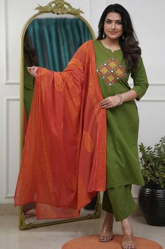 Beautiful jaipuri green straight embroidered kurta set with pants and a dupatta.