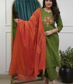 Beautiful jaipuri green straight embroidered kurta set with pants and a dupatta.