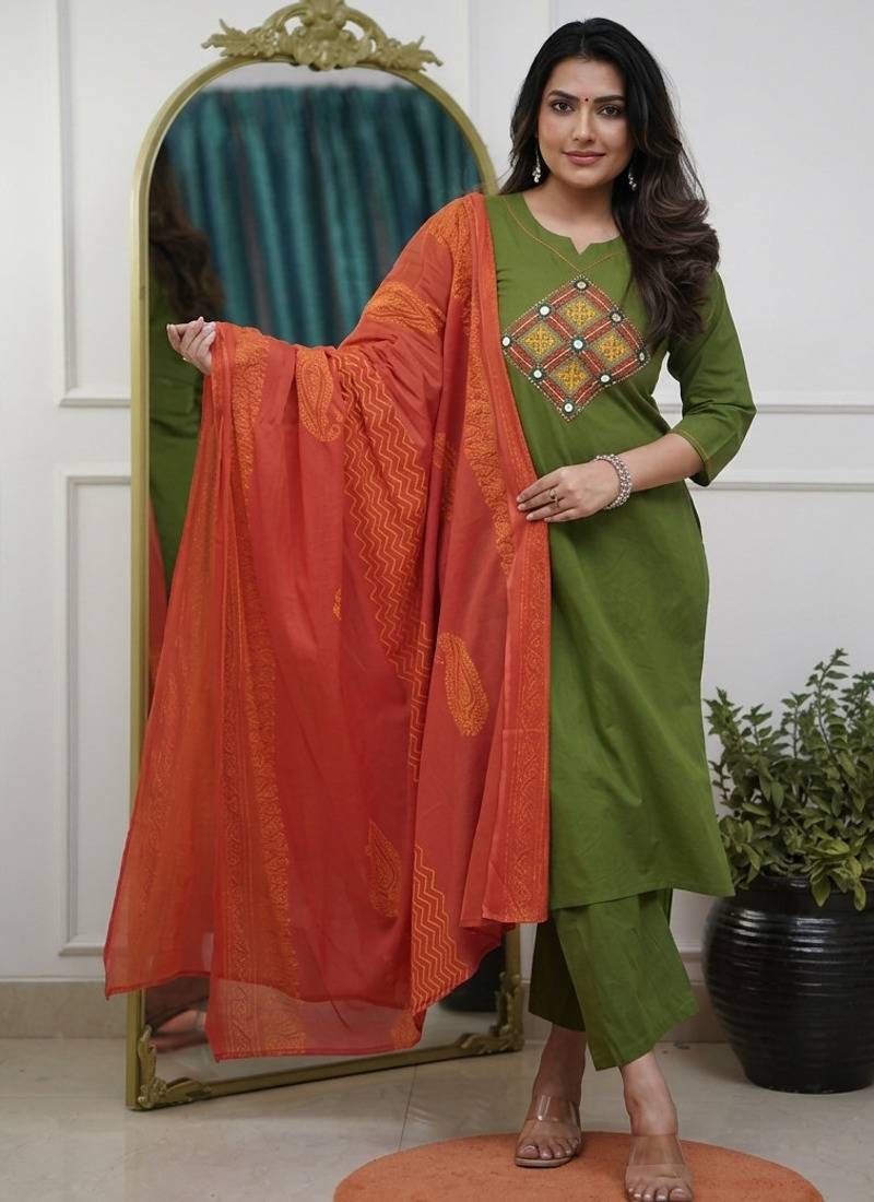 Beautiful jaipuri green straight embroidered kurta set with pants and a dupatta.