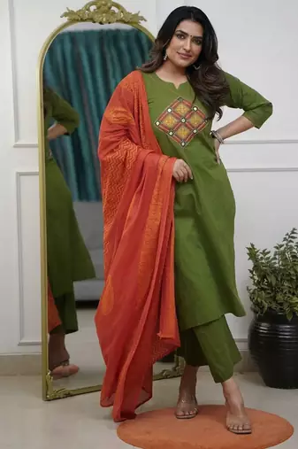 Beautiful jaipuri green straight embroidered kurta set with pants and a dupatta.