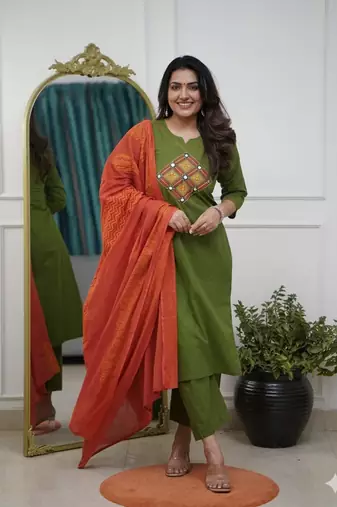 Beautiful jaipuri green straight embroidered kurta set with pants and a dupatta.