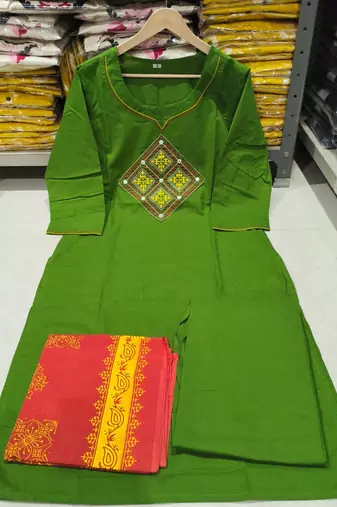 Beautiful jaipuri green straight embroidered kurta set with pants and a dupatta.