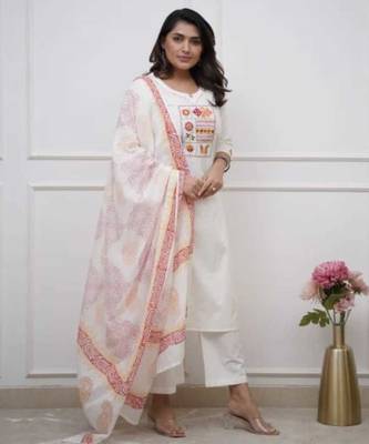 Beautiful jaipuri white straight embroidered kurta set with pants and a dupatta. 1