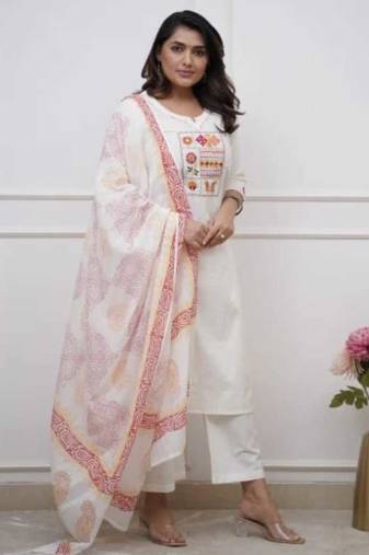 Beautiful jaipuri white straight embroidered kurta set with pants and a dupatta.
