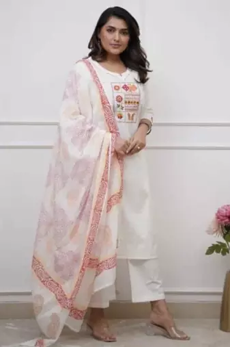 Beautiful jaipuri white straight embroidered kurta set with pants and a dupatta.