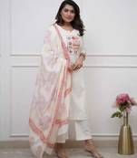 Beautiful jaipuri white straight embroidered kurta set with pants and a dupatta.