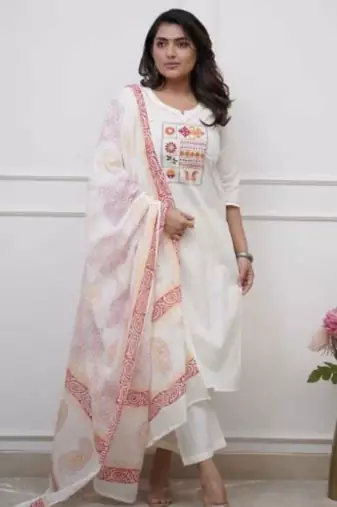 Beautiful jaipuri white straight embroidered kurta set with pants and a dupatta.