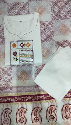 Beautiful jaipuri white straight embroidered kurta set with pants and a dupatta. 5
