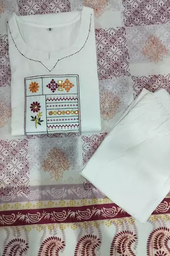 Beautiful jaipuri white straight embroidered kurta set with pants and a dupatta.