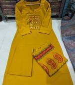 Beautiful jaipuri mustard straight embroidered kurta set with pants and a dupatta.