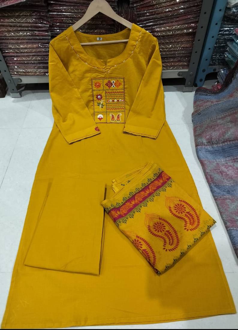 Beautiful jaipuri mustard straight embroidered kurta set with pants and a dupatta.