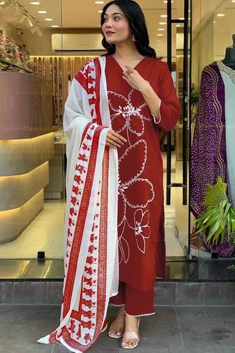 Beautiful jaipuri a brick red floral embroidered straight kurta pant set