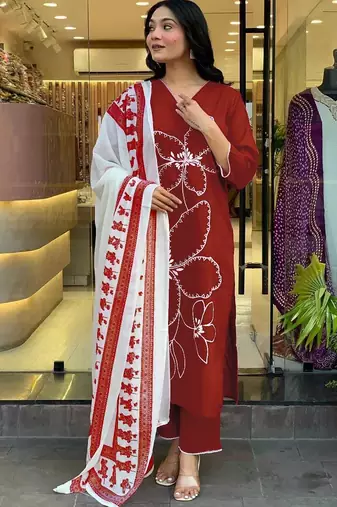 Beautiful jaipuri a brick red floral embroidered straight kurta pant set