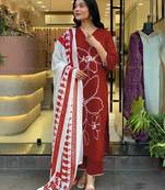 Beautiful jaipuri a brick red floral embroidered straight kurta pant set