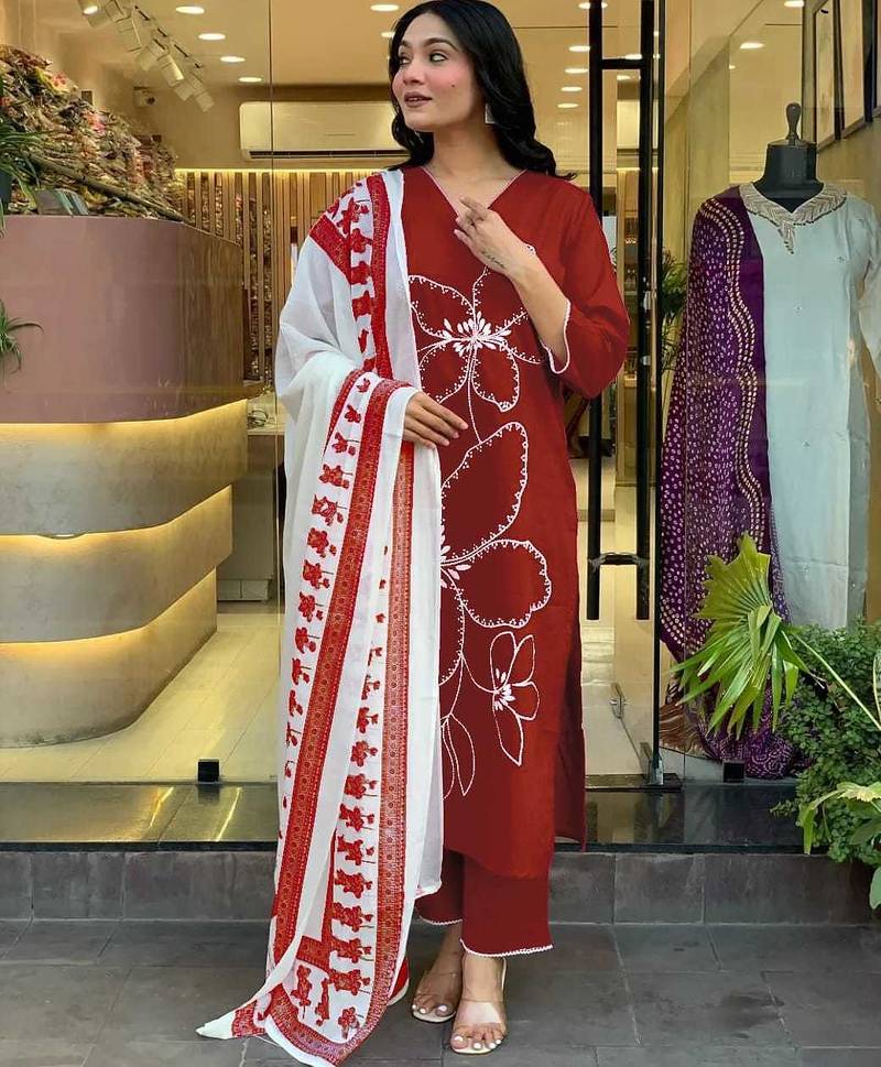 Beautiful jaipuri a brick red floral embroidered straight kurta pant set