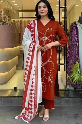 Beautiful jaipuri a brick red floral embroidered straight kurta pant set