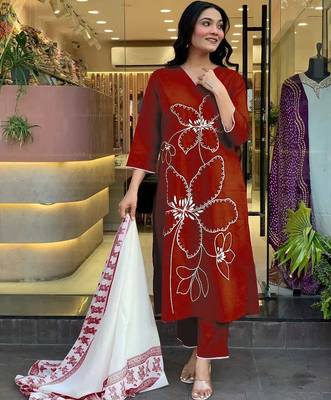 Beautiful jaipuri a brick red floral embroidered straight kurta pant set 3