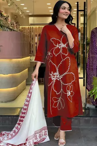 Beautiful jaipuri a brick red floral embroidered straight kurta pant set