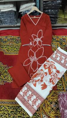 Beautiful jaipuri a brick red floral embroidered straight kurta pant set 4