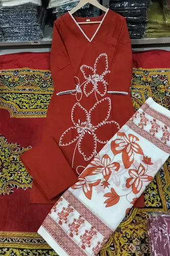 Beautiful jaipuri a brick red floral embroidered straight kurta pant set