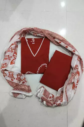 Beautiful jaipuri a brick red floral embroidered straight kurta pant set