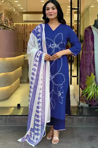 Beautiful jaipuri a brick red floral embroidered straight kurta pant set