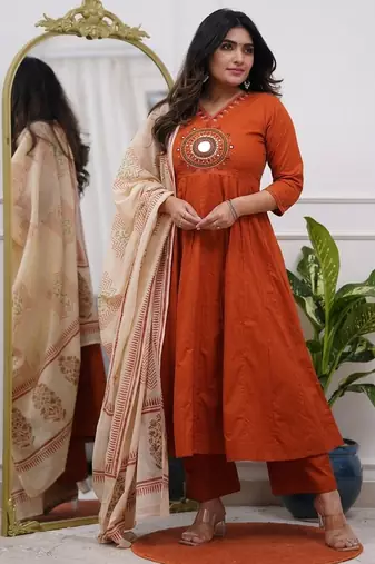 Beautiful jaipuri a rust red colored cotton anarkali kurta set