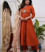 Beautiful jaipuri a rust red colored cotton anarkali kurta set
