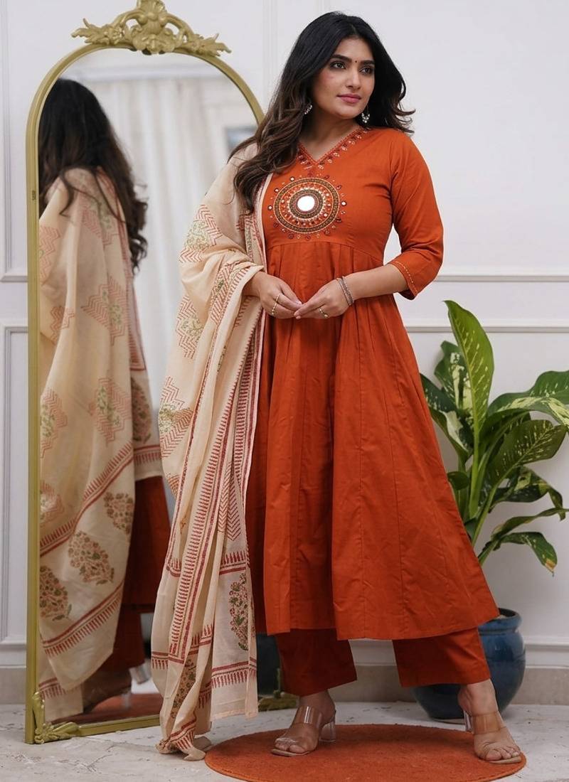 Beautiful jaipuri a rust red colored cotton anarkali kurta set