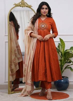 Beautiful jaipuri a rust red colored cotton anarkali kurta set 2
